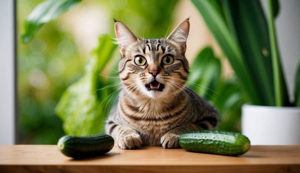 A surprised-looking tabby cat with wide eyes and an open mouth is lying on a wooden surface. The cat is surrounded by two cucumbers, one on each side. In the background, there are lush green plants and a softly lit window, bringing to mind the myth of why cats are scared of cucumbers.