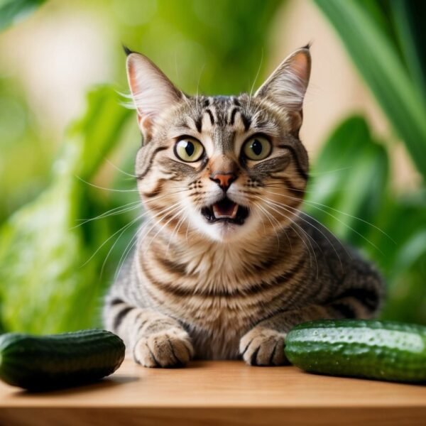 A surprised-looking tabby cat with wide eyes and an open mouth is lying on a wooden surface. The cat is surrounded by two cucumbers, one on each side. In the background, there are lush green plants and a softly lit window, bringing to mind the myth of why cats are scared of cucumbers.