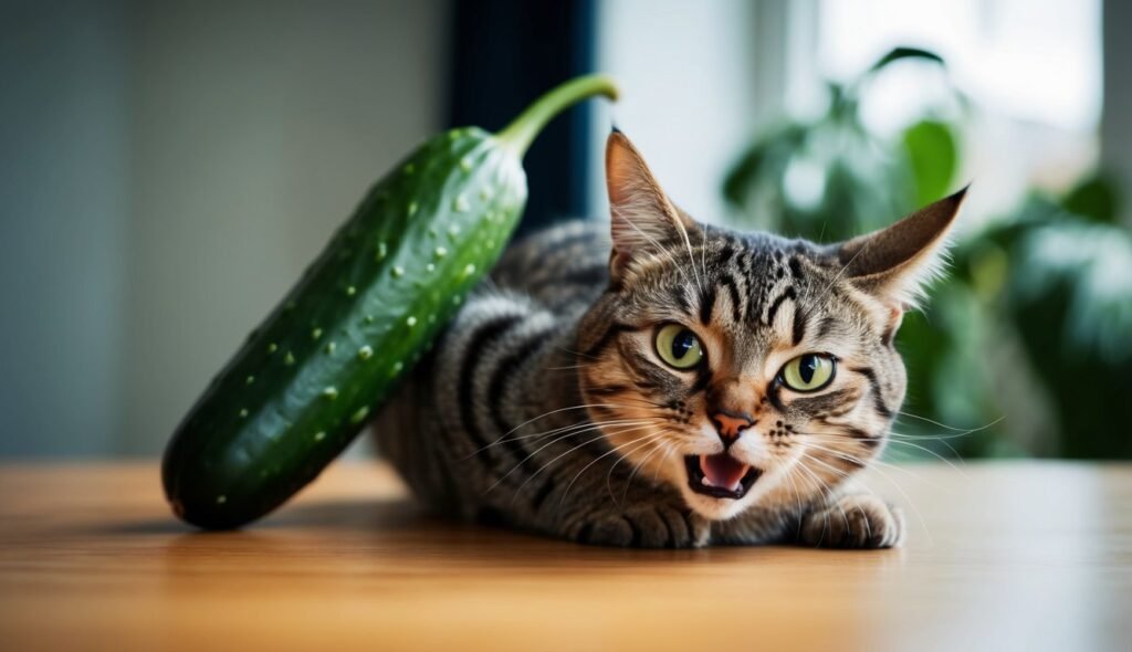 A startled tabby cat with green eyes is lying on a wooden table next to a cucumber. The cat's mouth is open, and its ears are pulled back, embodying why cats are scared of cucumbers. In the blurry background, a green plant and a window are visible.