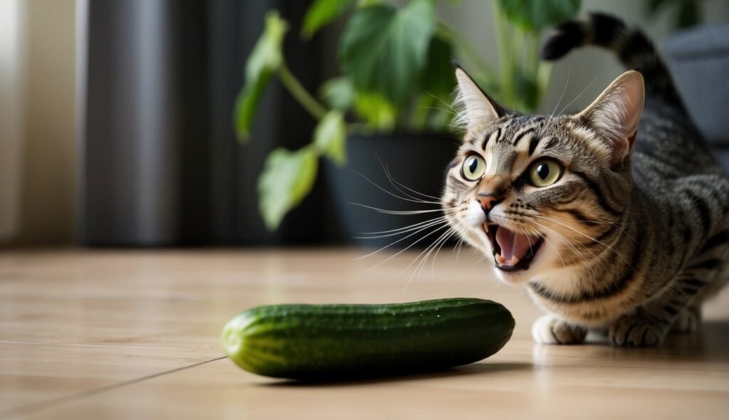 A tabby cat with wide eyes and an open mouth, seemingly startled, crouches on a wooden floor near a cucumber. Green plants are blurred in the background, suggesting an indoor setting. This moment captures one of those funny cat reactions that explain why cats are scared of cucumbers.