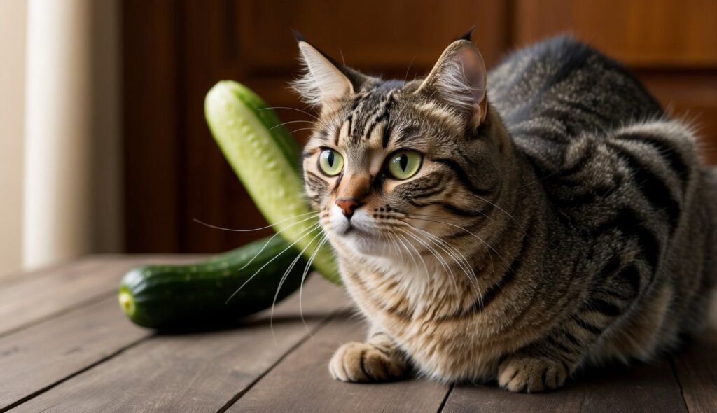 A tabby cat with green eyes is lying on a wooden surface. Behind the cat, two cucumbers are placed, creating an interesting juxtaposition with the cat's intense gaze. The background is slightly out of focus and features wooden paneling, perhaps setting up for one of those funny cat reactions you've heard about.