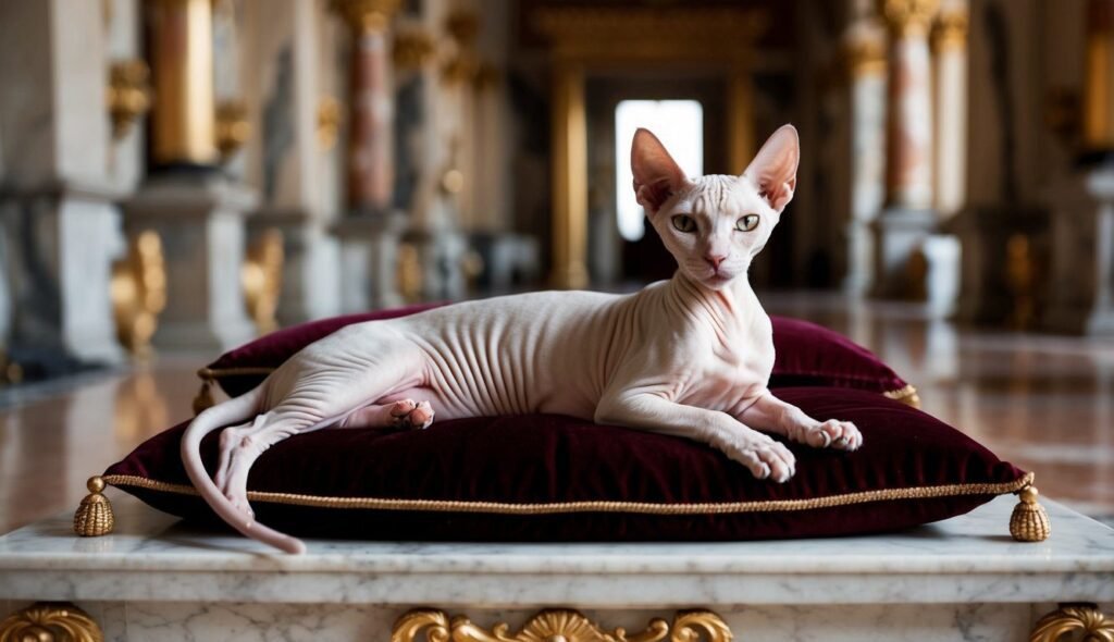 A hairless cat lies elegantly on a plush, burgundy cushion adorned with golden tassels and trim. The background features an opulent, palatial interior with ornate columns and intricate decorations, complementing its regal appearance; truly worthy of one of the best cat names.