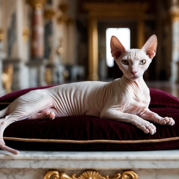 A hairless cat lies elegantly on a plush, burgundy cushion adorned with golden tassels and trim. The background features an opulent, palatial interior with ornate columns and intricate decorations, complementing its regal appearance; truly worthy of one of the best cat names.