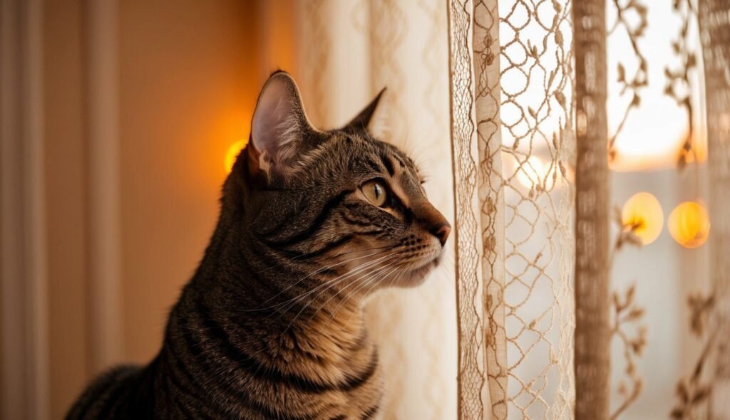 A tabby cat named Whiskers stares out of a window, with soft sunlight casting a warm glow on its face. The delicate, lace curtains partly obscure the view, creating a cozy and serene atmosphere that feels like a nod to vintage cat names.