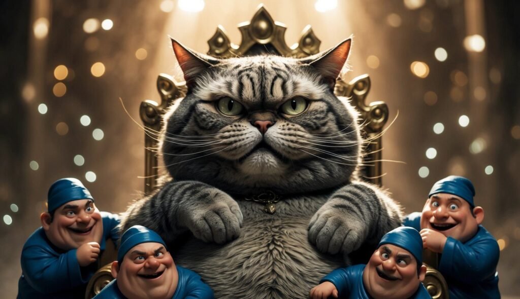 A large, grumpy-looking cat sits regally on a throne under a spotlight, surrounded by four cheerful, small figures in blue outfits and hats. The background is golden and sparkly, adding a majestic atmosphere to the scene. You could almost imagine those figures whispering Star Wars-inspired cat names in awe of their feline ruler.