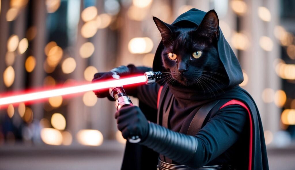 A black cat dressed as a Sith Lord from Star Wars, complete with a hooded cloak and armor, wields a red lightsaber. The background features blurred lights, giving a sense of movement and action. This star wars-inspired cat commands the scene with an intense gaze adding to the dramatic effect.