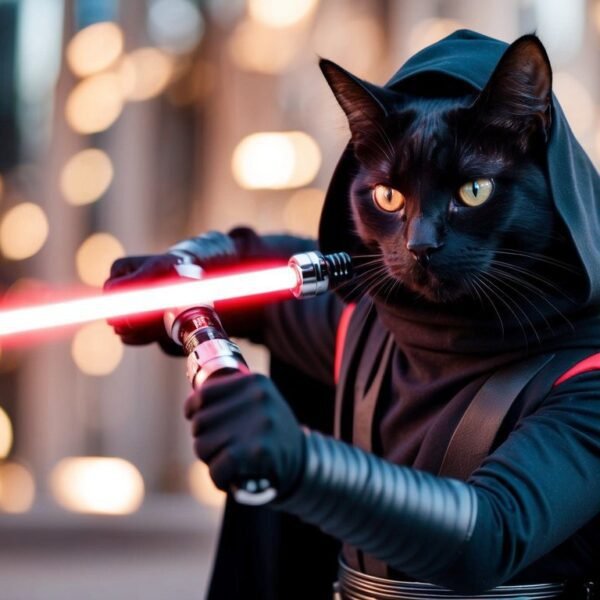 A black cat dressed as a Sith Lord from Star Wars, complete with a hooded cloak and armor, wields a red lightsaber. The background features blurred lights, giving a sense of movement and action. This star wars-inspired cat commands the scene with an intense gaze adding to the dramatic effect.