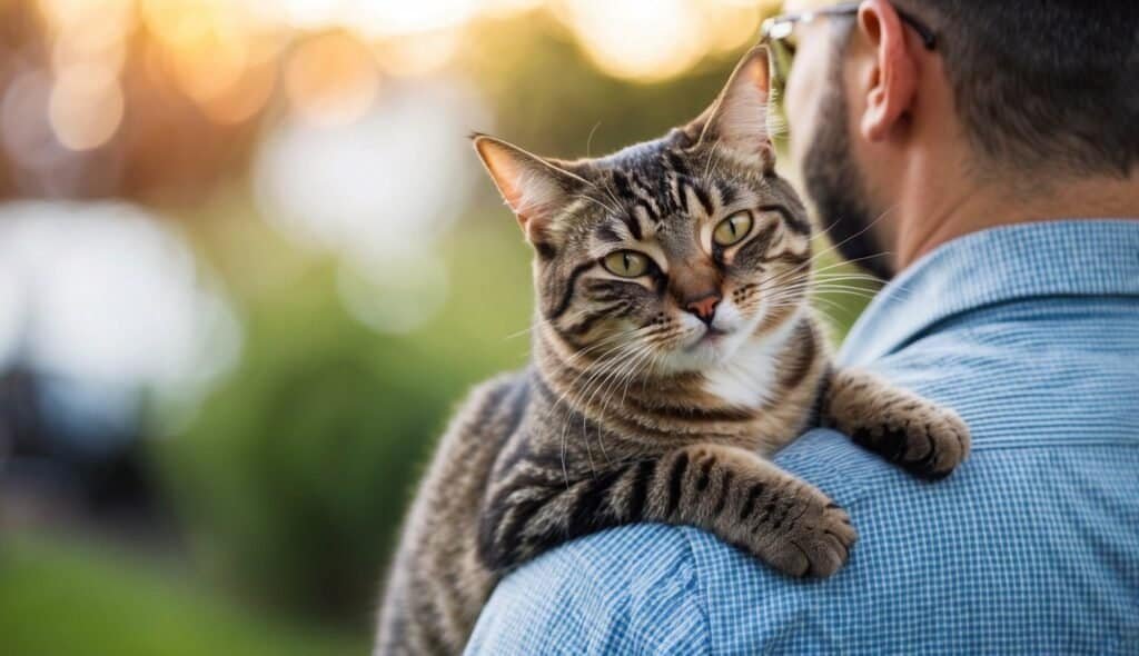 A tabby cat with green eyes rests comfortably on a person's shoulder, epitomizing the true charm of feline fetish. The person dons a blue checkered shirt and glasses, set against a soft-focus outdoor scene where greenery meets warm sunlight.