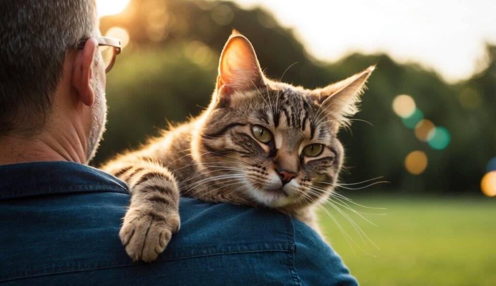 A tabby cat lounges comfortably on a person's shoulder, embodying a true feline fetish as it gazes contentedly. The person, wearing glasses and a blue shirt, is turned away from the camera. The background features a soft focus of greenery and warm sunlight.