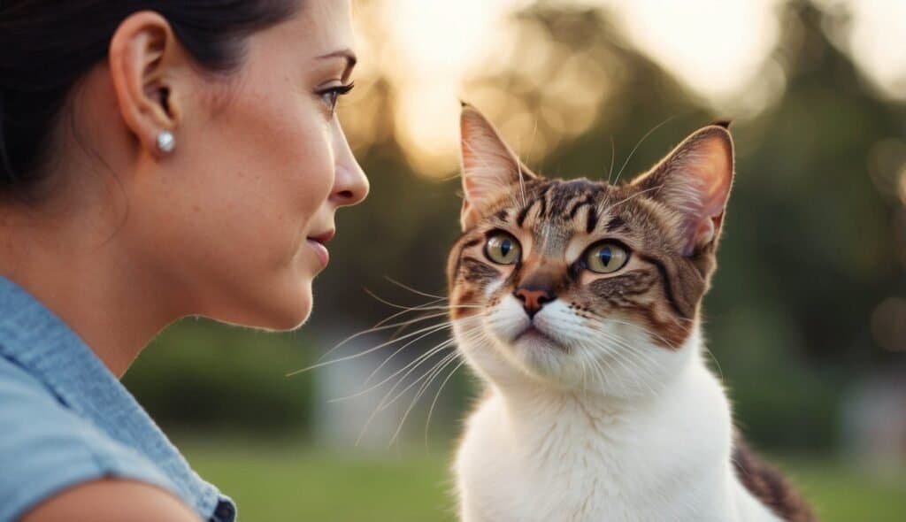 A woman and a tabby cat face each other outdoors, surrounded by a blurred backdrop of greenery bathed in soft evening light. The woman has a calm expression, while the attentive cat captures her gaze, embodying every nuance of feline allure.