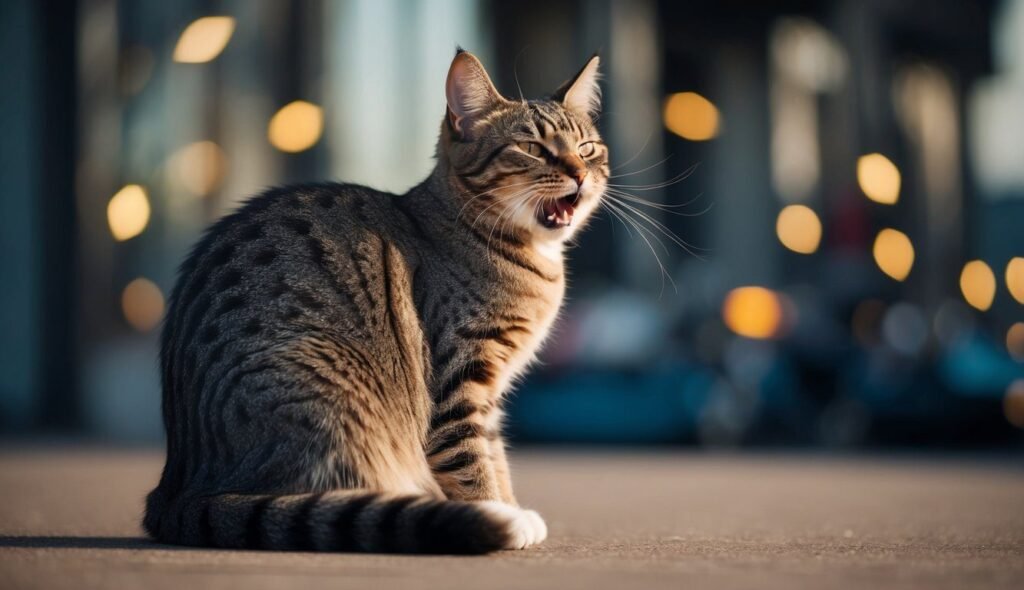 A tabby cat with a striped coat sits on a city street, mid-yawn, with blurred lights in the background. The cat has its eyes half-closed and mouth open, providing a perfect moment for decoding feline signals in its relaxed yet animated expression.