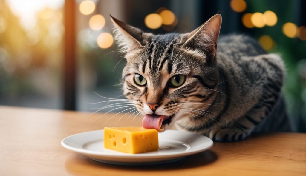 A tabby feline indulges in the dairy dilemma, licking a piece of cheese on a white plate. The setting is warmly lit with blurred lights in the background, creating a cozy atmosphere.