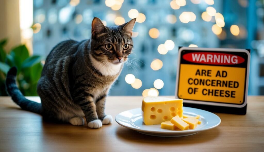 A cat sits beside a plate of Swiss cheese chunks on a table, pondering its dairy dilemma. A humorous sign next to the feline reads, "WARNING: ARE AD CONCERNED OF CHEESE," with blurred lights twinkling in the background.