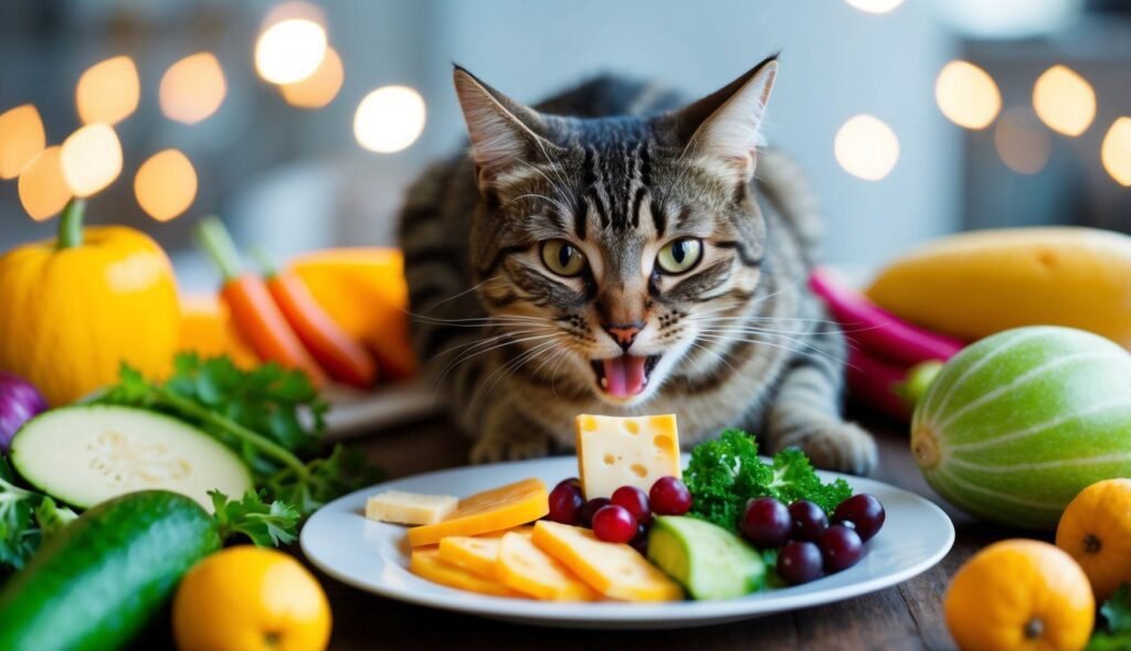 A tabby cat with green eyes sits by a plate of cheese, grapes, and cucumber, amidst a colorful array of fruits and vegetables like pumpkins and melon. Caught in a dairy dilemma, this feline seems tempted by the spread. Softly blurred warm lights glow in the background.