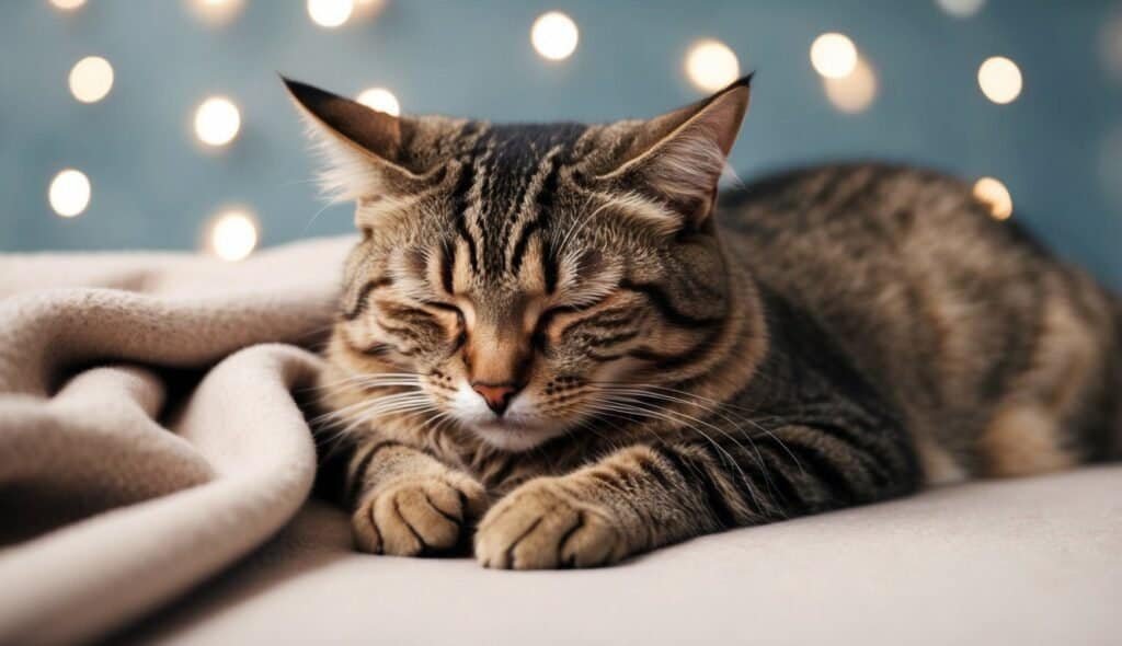 A tabby cat with closed eyes rests peacefully on a soft, light-colored blanket. The background is softly lit with unfocused, warm string lights creating a cozy ambiance. Decoding this tranquil scene reveals feline signals of contentment, as the cat looks relaxed with its paws tucked under its body.