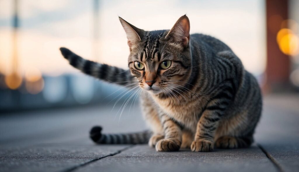 A close-up of a tabby cat with striking green eyes crouched on a wooden surface. The background is blurred, highlighting the cat's focused expression and the intricate pattern of its fur—an excellent example of feline signals. The cat's tail is raised and slightly curled.