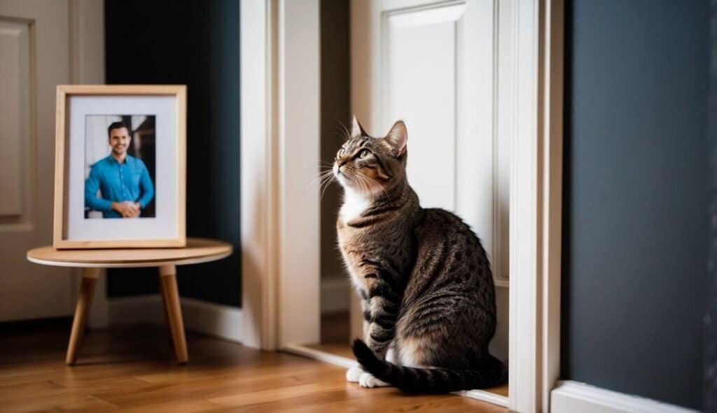 A tabby cat, known for its impressive memory, sits on a wooden floor next to a small table. On the table is a framed portrait of a smiling person in a blue shirt. The scene is set against white doors and a dark wall, creating a cozy atmosphere where cats remember people they cherish.