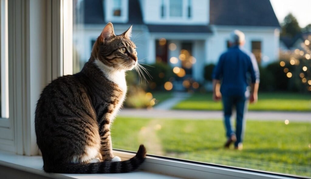 A tabby cat sits on a windowsill, gazing outside. In the background, a person walks on the lawn of a suburban house. The scene is calm, with warm lighting suggesting either sunrise or sunset—a picturesque moment spurring the thought: do cats remember people from scenes like this?