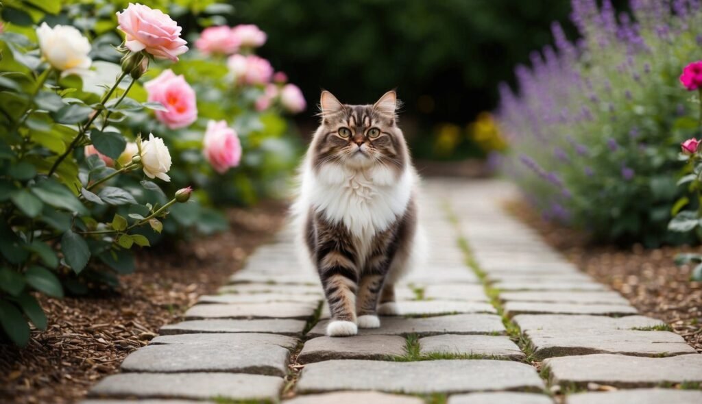 A fluffy tabby cat with a white chest and paws, perhaps named Whiskers or Paws, walks confidently down a stone path in a garden. The path is flanked by blooming pink roses on the left and purple flowers on the right. The background is lush and green.