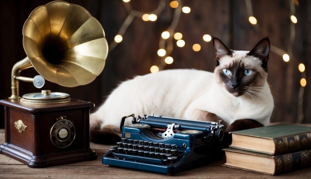 A Siamese cat with blue eyes lounges between a vintage gramophone and a blue typewriter, with two old books stacked nearby. The background is dark wood decorated with soft, warm string lights, evoking the charm of vintage cat names and creating a cozy, nostalgic atmosphere.