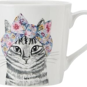 The 380ml Fine China Cat Mug features a white backdrop decorated with an illustration of a gray tabby cat wearing a colorful floral headscarf.