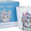 The 380ml Fine China Cat Mug boasts a black-and-white sketch of a cat elegantly embellished with a colorful floral headscarf. It comes beautifully packaged in a blue box that highlights the same delightful design.