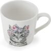 The 380ml Fine China Cat Mug features an enchanting illustration of a gray tabby cat wearing a vibrant floral bow on its head. This elegant white mug, complete with a straightforward right-side handle, is ideal for savoring your favorite drinks.