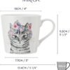 This fine china cat mug, part of the "Mikasa" collection, features a whimsical feline with a floral headscarf illustration. It measures 10cm in width, 9.2cm in height, and 13.4cm in depth, with a capacity of up to 380ml.