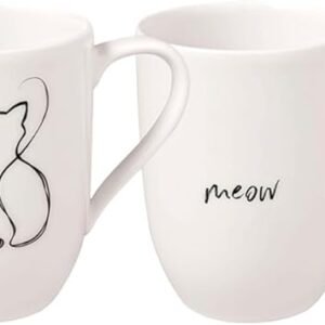 The Cat Mug Set, 280 ml (2 Pieces), includes two delightful white ceramic mugs with minimalist designs: one displays a black outline of a sitting cat, while the other is adorned with the word "meow" in lowercase script. Both mugs have large handles for comfortable gripping.