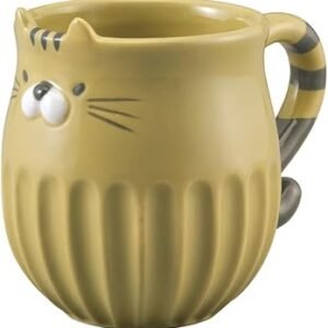 Introducing the Cat Mug Tiger, a charming ceramic mug designed to resemble a cat. This yellow mug features a tiger-striped tail for its handle, a textured ribbed surface, and an adorable cat face with whiskers and ears.