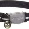 The Reflective Cat Collar in black includes a silver bell and a sturdy buckle with the "rogz" brand name. It is equipped with a reflective stripe to enhance your cat's safety and visibility.