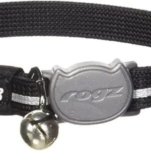 The Reflective Cat Collar in black includes a silver bell and a sturdy buckle with the "rogz" brand name. It is equipped with a reflective stripe to enhance your cat's safety and visibility.