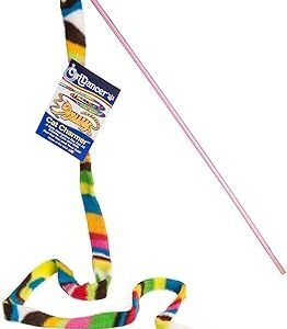 The Cat Charmer Interactive Toy includes a pink wand attached to a long ribbon made of colorful fleece. Its vibrant patterns captivate your cat's attention, providing endless entertainment. The wand also comes with a neatly attached label featuring product information.