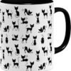 The Cute Coffee Mug with Cat Motif 325ml features a black handle and is adorned with charming silhouettes of black cats in both playful and sitting poses.