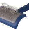 The Show Tech Transgroom Tuffer Than Tangles Slicker Brush, characterized by its blue handle and fine metal bristles, is expertly designed for removing loose fur and detangling. Developed in partnership with Tech Transgroom, it ensures top-notch performance for all your pet grooming needs.