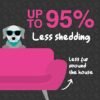 An illustration features a cool dog in sunglasses relaxing by a pink couch, showcasing the Coat Shedding Comb's promise of "Up to 95% less shedding" with the benefit of "a cleaner coat, less fur around the house." An arrow points at the couch while paw prints decorate the sophisticated black backdrop.