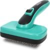 The Self Cleaning Slicker Brush, featuring a teal and black design with a handle and metal bristles, is displayed against a white background, ideal for pet grooming.