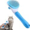 A long-haired cat enjoys being groomed with the Cat Brush, Short Hair, which comes in blue and white. Despite its sleek metal bristles, the brush is ideal for both short and long fur, featuring a comfortable light blue handle.