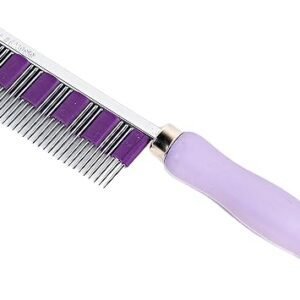 The Small Pet Select - Hair Buster Comb for rabbits, cats, and dogs is a metal pet comb with a light purple handle and alternating long and short teeth, making it perfect for detangling.