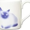 A white ceramic Siamese Cat Mug showcases a minimalist design with a dreamy blurred blue Siamese Cat featuring wide eyes. The mug's right-side handle completes its elegant and whimsical charm.