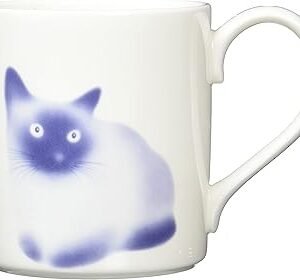 A white ceramic Siamese Cat Mug showcases a minimalist design with a dreamy blurred blue Siamese Cat featuring wide eyes. The mug's right-side handle completes its elegant and whimsical charm.