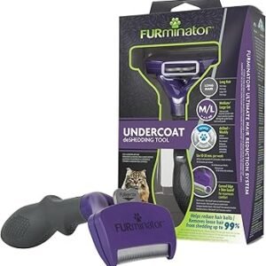 A Furminator Undercoat Deshedding Medium/Large tool in purple and black is showcased alongside its packaging, which highlights its Undercoat Deshedding ability, the capability to reduce loose hair by up to 99%, and suitability for medium to large cats and dogs.