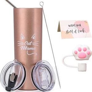 The Cat Mom Gift Mug is a delightful pink tumbler perfect for any cat mom, showcasing a "Cat Mama" design alongside a cute cat face. It includes two lids, a cleaning brush, and an inspirational card reading "Wish You Lots of Luck." Additionally, it features a unique pink paw print-shaped item, making it the ideal gift for feline enthusiasts.