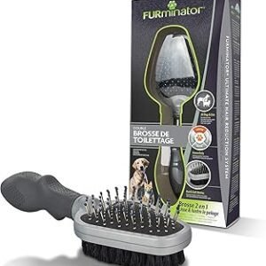 A dual-sided grooming brush with metal pins and soft bristles is displayed alongside its packaging. The package showcases the "FURminator Grooming Brush for Cats" brand name and includes an illustration of a cat and dog, emphasizing its purpose in fur reduction.