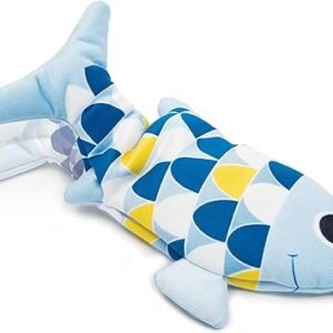 The Fish Interactive Cat Toy with Catnip is a light blue plush toy adorned with vibrant scales in shades of blue, white, and yellow. It boasts a smiling face and soft fins, making it an ideal companion for playful cats who enjoy cuddling.