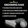 The FURminator Grooming Rake for Cats is showcased in an image, emphasizing its suitability for both cats and dogs with thick fur and dense coats. It efficiently prevents tangles and mats while removing loose hair with ease. This grooming rake features a gray design with durable metal teeth.