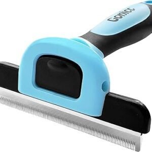 The Professional Pet De Shedding Comb, designed with a stainless steel comb and ergonomic handle, is perfect for de-shedding your furry companion in style with its blue and black design.