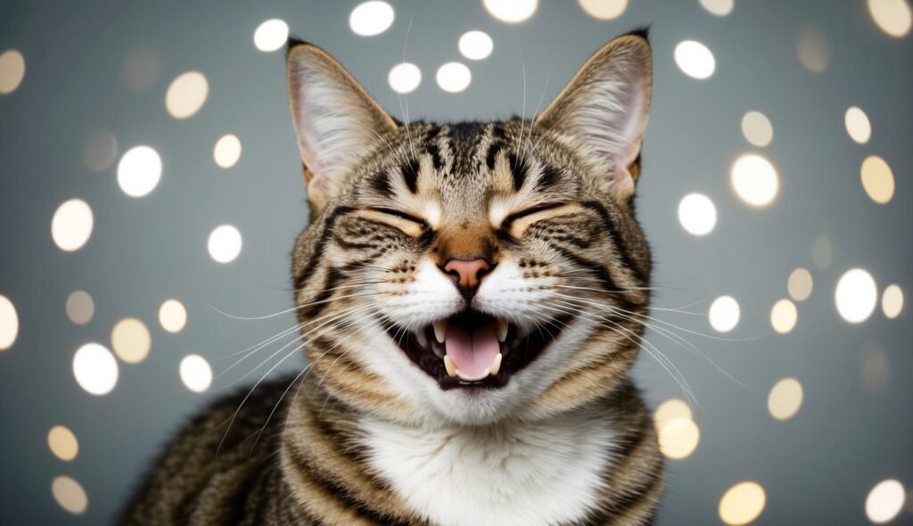 A tabby cat with closed eyes and an open mouth appears to be laughing, showcasing its delightful cat facial expressions. Whiskers twitch as the background glows with circular, blurred lights, adding to the festive and cheerful atmosphere.
