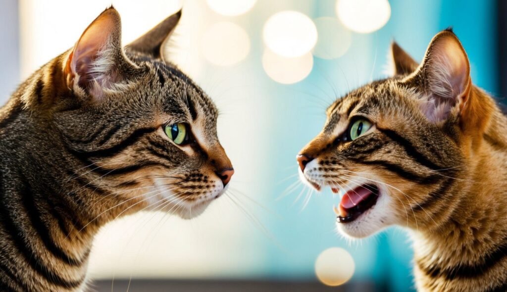 Two tabby cats face each other against a blurred blue background with bright bokeh lights. The cat on the right, mouth open in a comedic meow, displays its whiskers prominently, while the cat on the left looks calmly at the amusing scene.