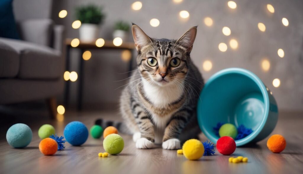 A tabby cat with amusing facial expressions sits on a wooden floor surrounded by colorful balls and toys. An overturned blue bucket lies nearby. The background is softly lit with warm, glowing lights, highlighting its whiskers and creating a cozy atmosphere.